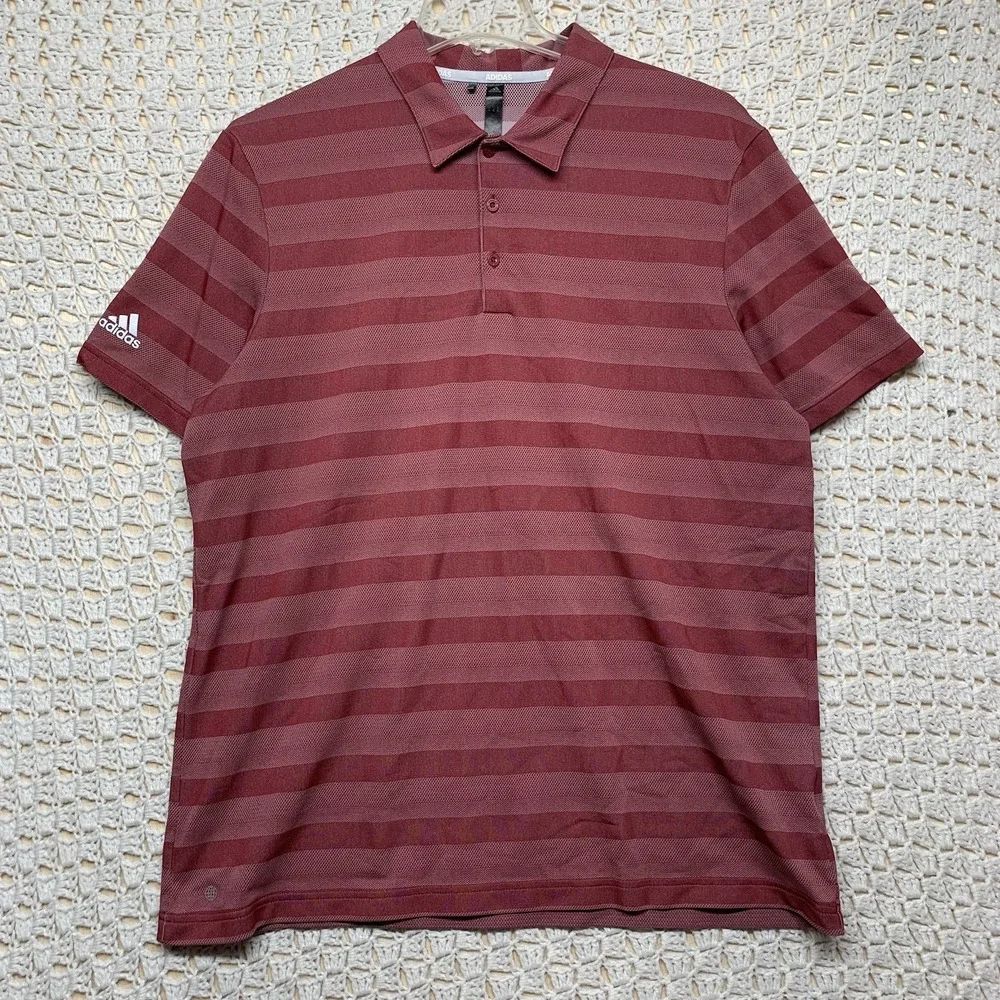 Adidas‎ Shirt Mens XL Pink Legacy Burgundy Striped golf polo shirt Short Sleeve